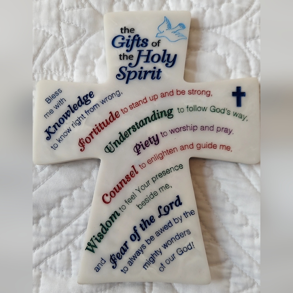 Gifts of the Holy Spirit Decorative Cross Plaque White with Multicolor, Like New